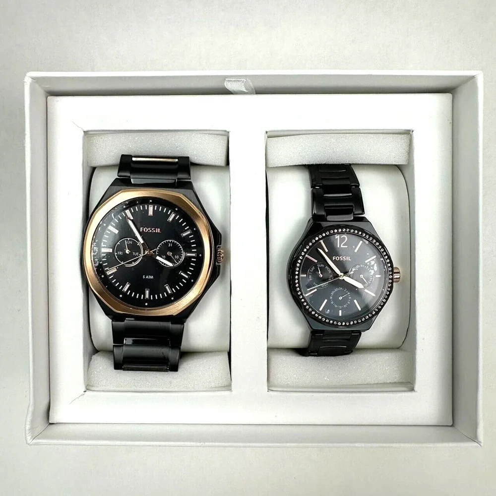 Fossil His and Her Multifunction Black Rose gold Day & Date Watch BQ2645SET